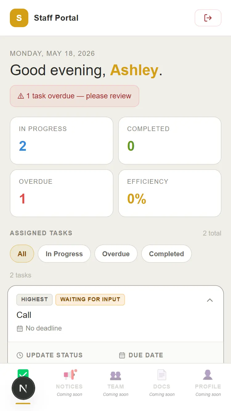 Staff portal tasks view